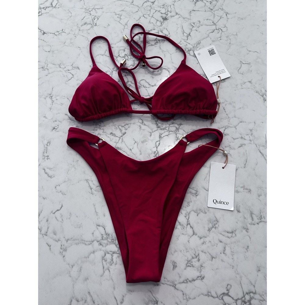 NWT Quince Cherry Red Italian Triangle Bikini Top & High Leg Ring Bottom Small